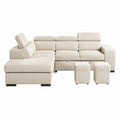 Narożna sofa modułowa z zagłówkami i pufami, beżowa