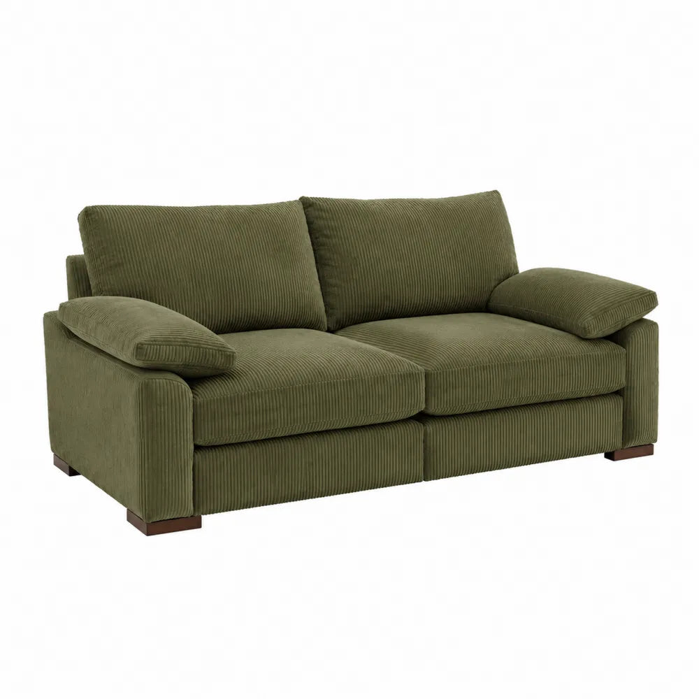 Sofa sztruksowa zielona z drewnianą ramą