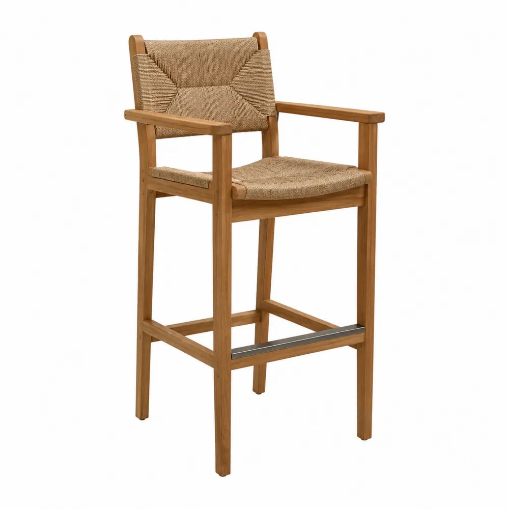 Krzesło barowe z drewna teak z siedziskiem z plecionki, 112 cm, beżowe