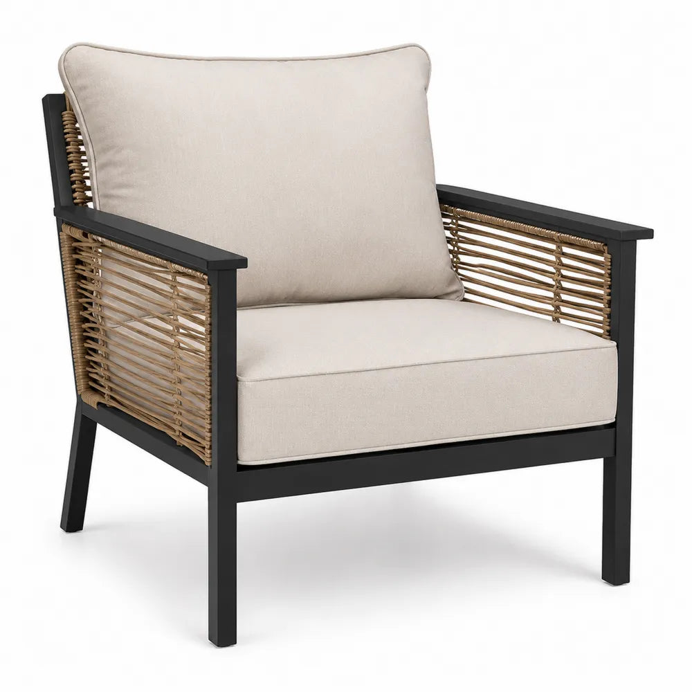 Fotel ogrodowy, metal i rattan, beżowy, 90x80x75 cm