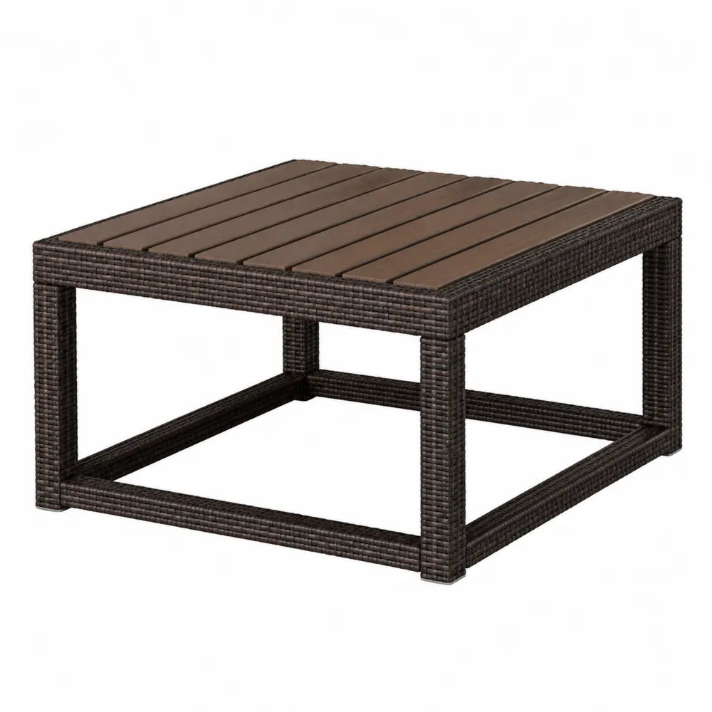 Stolik kwadratowy technorattanowy z drewnianym blatem 70 cm brązowy